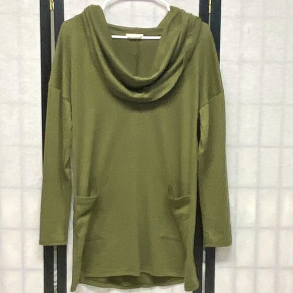 Emerald Dresses & Skirts - Emerald Olive Knit Cowl Neck Tunic Dress Long Sleeve Button Back Patch Pockets M